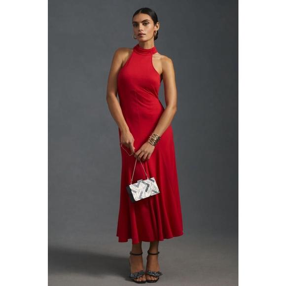Maeve Anthropologie Halter Flounced Midi Dress Red Womens Size M Petite New - Picture 4 of 14